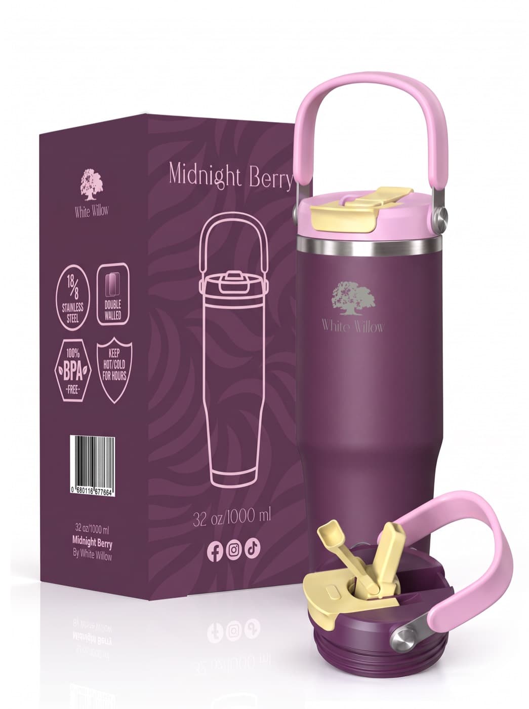 Midnight Berry bottle in deep plum with a blush carry handle and gold lid accent, shown with its box and a second lid.