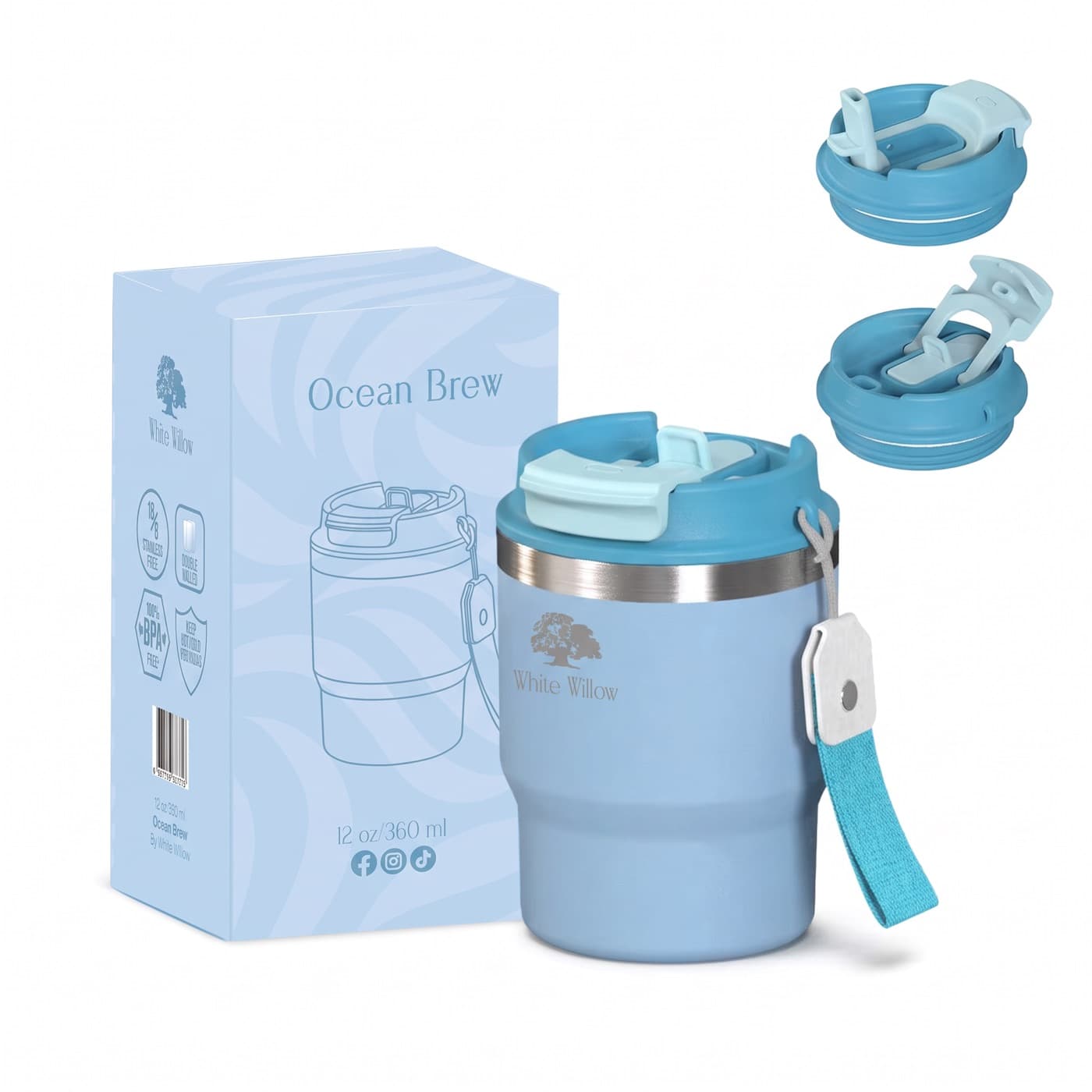 Ocean Brew cup in light blue with a pale blue lid and teal wrist strap, shown with its box and lid details.