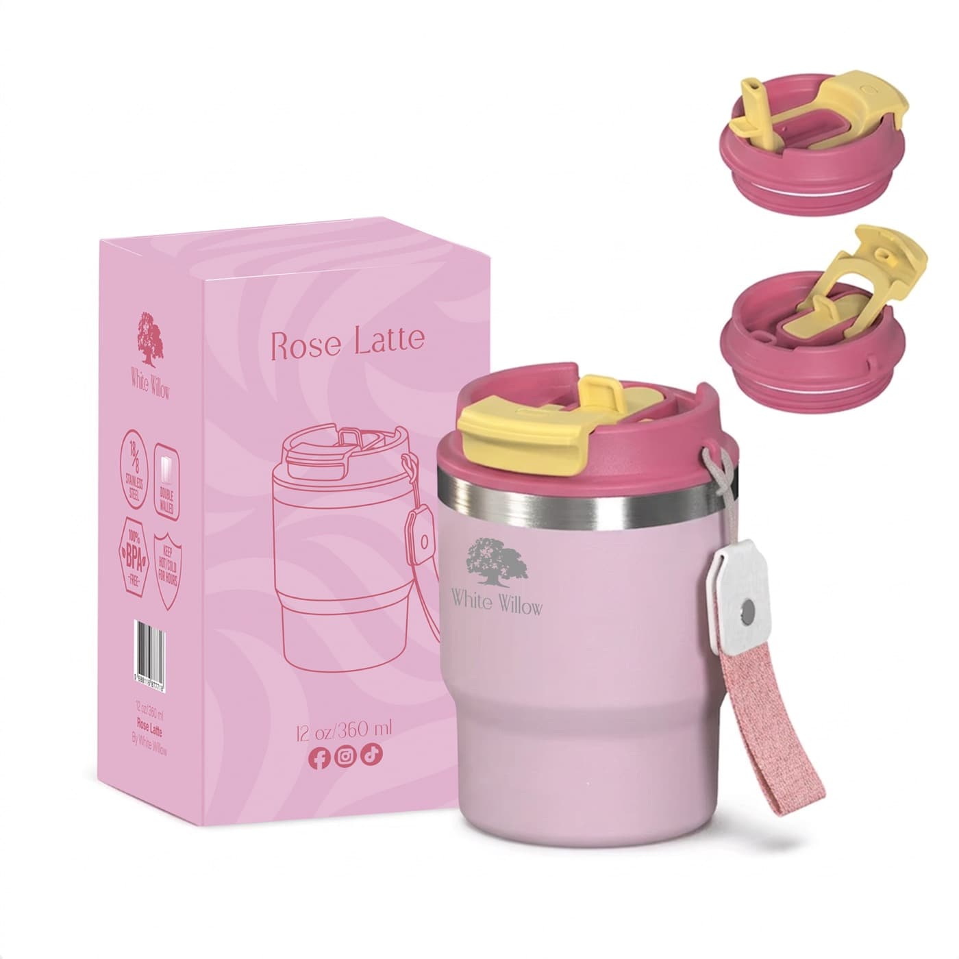 Rose Latte cup in blush pink with a rose lid, yellow spout, and fabric wrist strap, shown with its box and lid details.