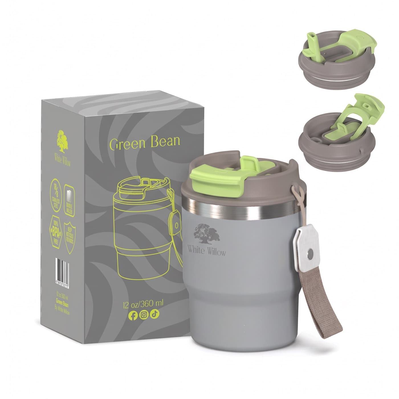 Green Bean cup in grey with a lime lid and taupe wrist strap, shown with its box and lid details.